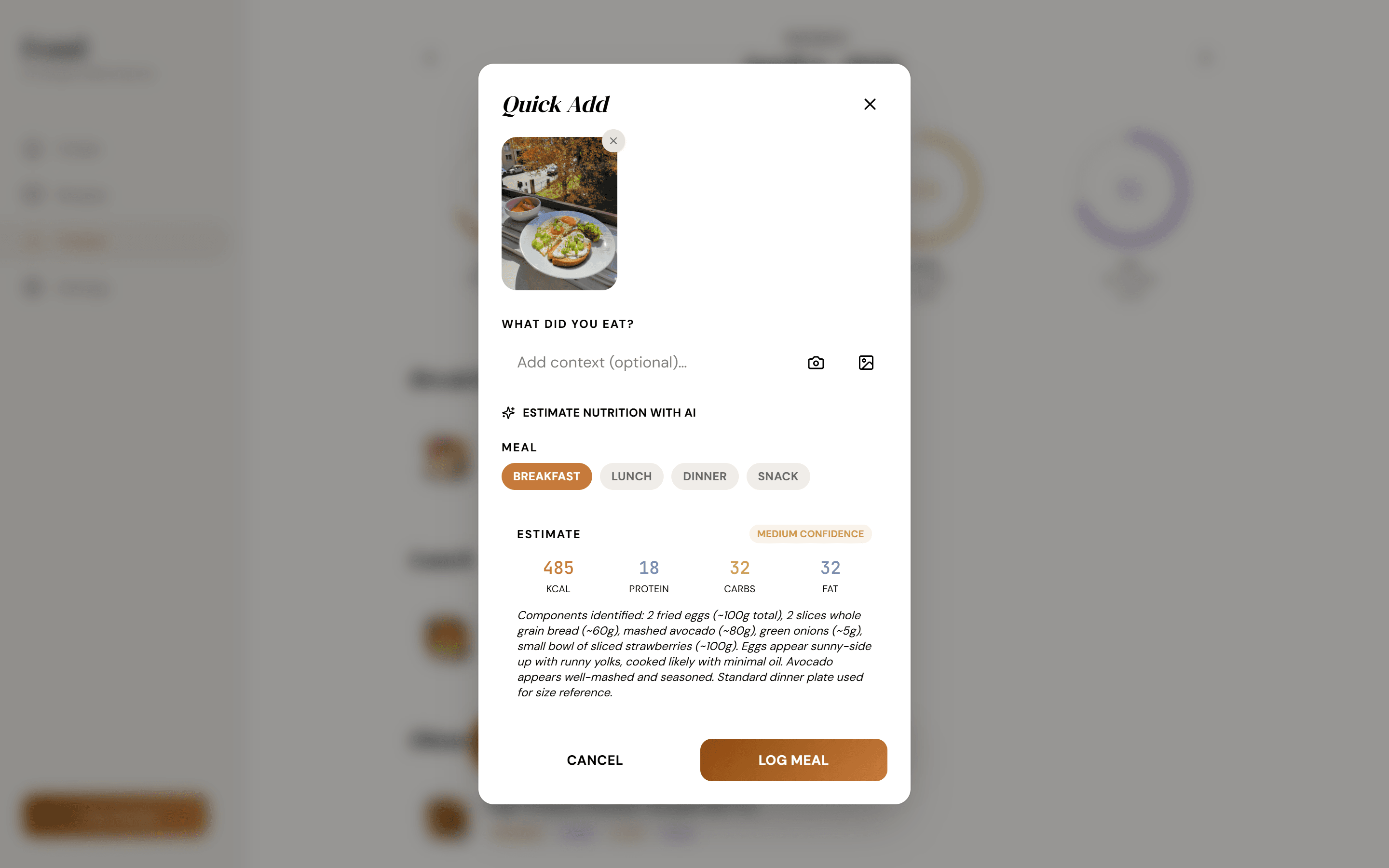 Photo of a meal being analyzed by AI with macro estimates