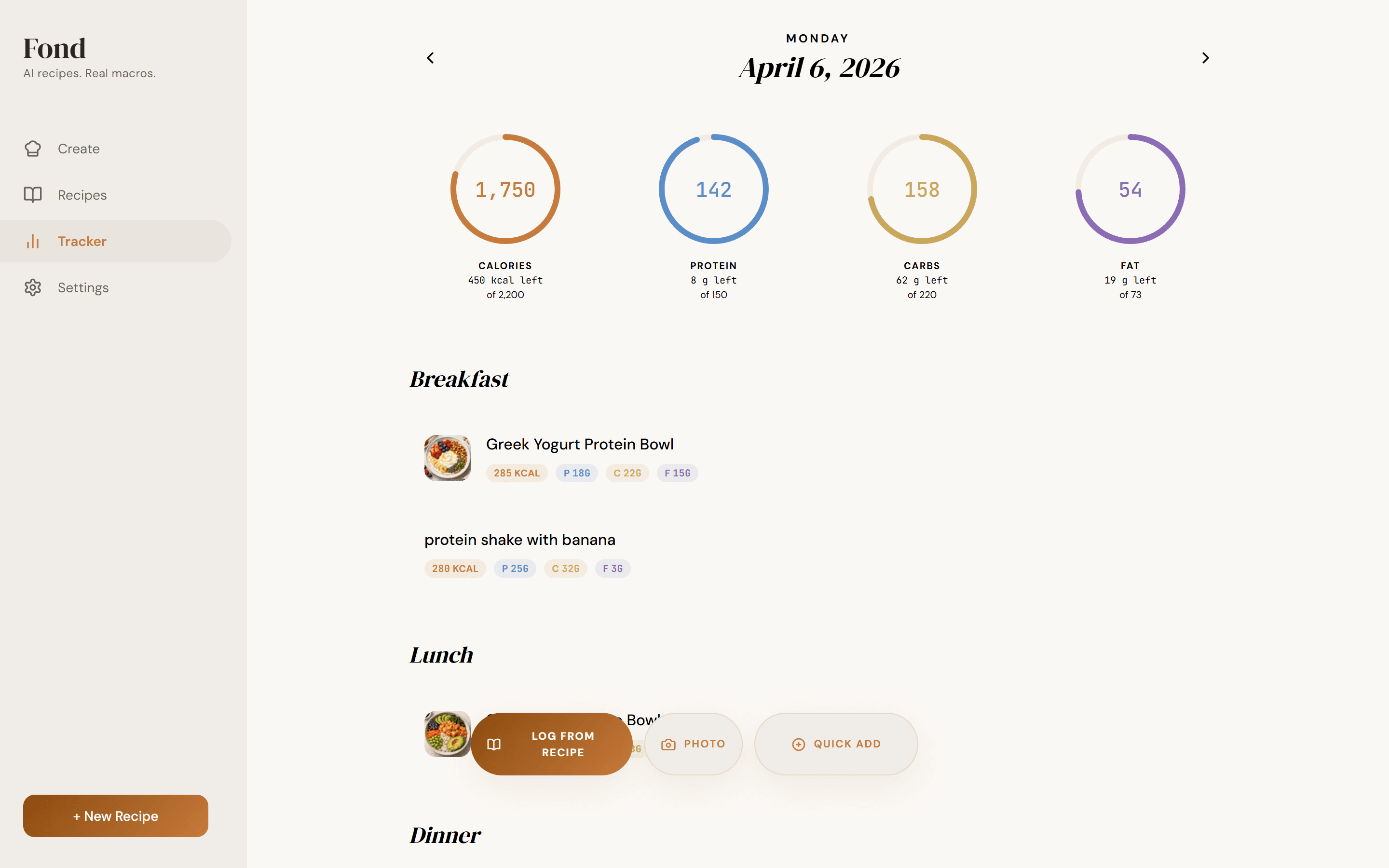 Macro tracker showing four macro rings with daily progress