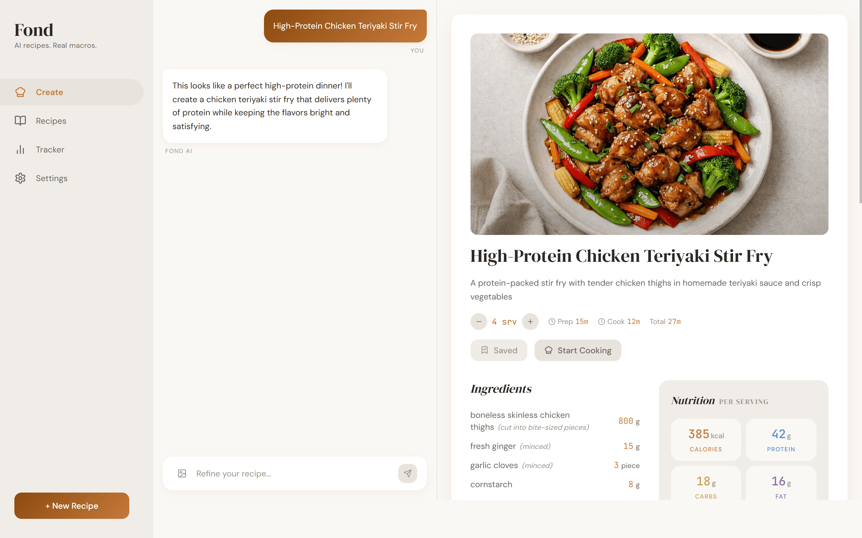 AI chat interface showing recipe creation with live recipe card and nutrition panel