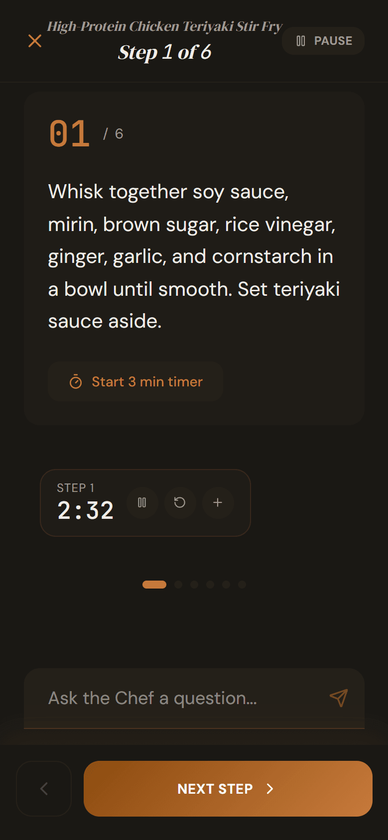 Cooking mode — full-screen step-by-step guidance with timer running