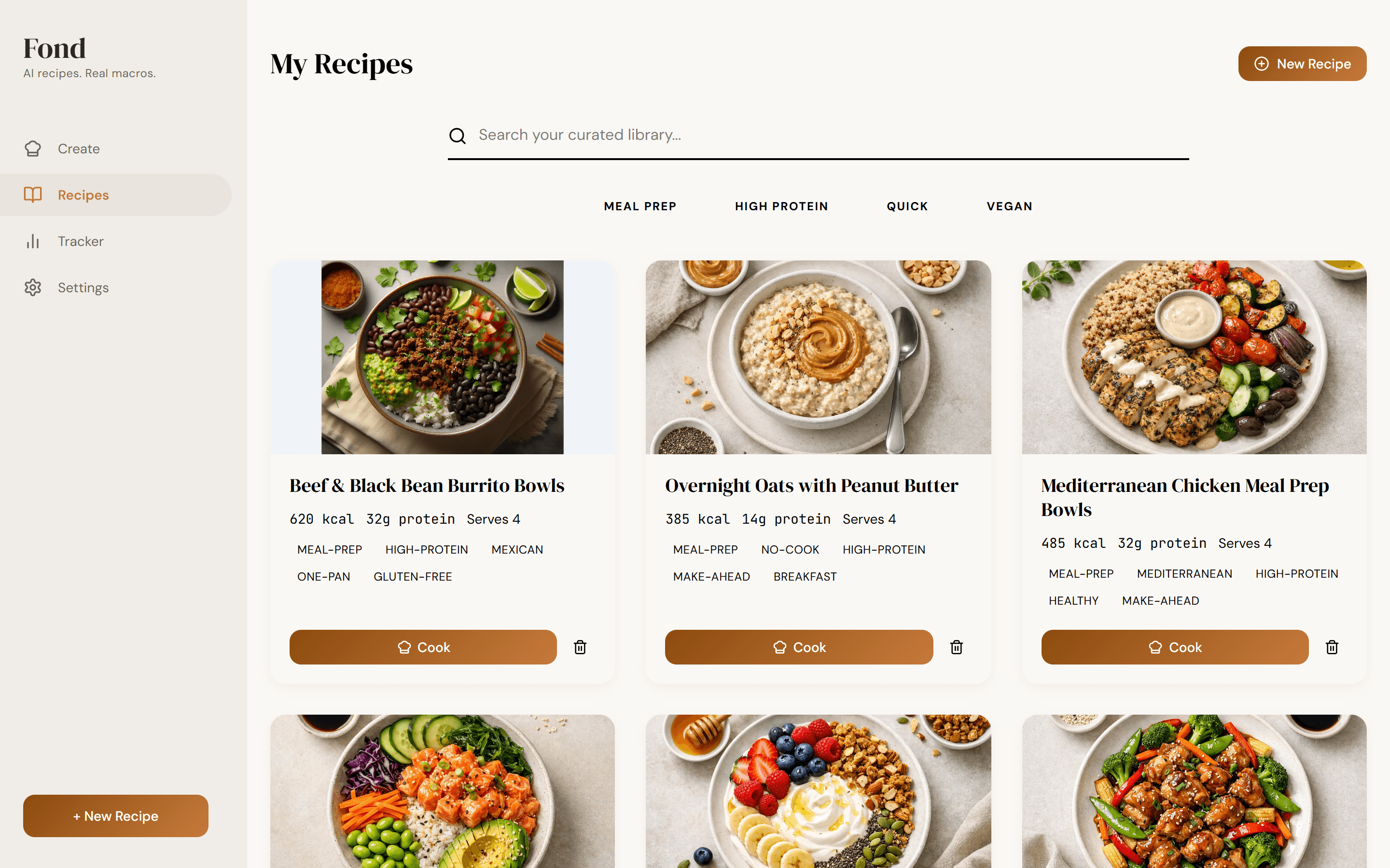 Recipe library grid displaying AI-generated food images with macro summaries